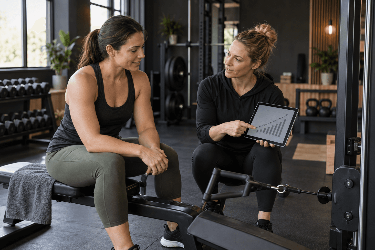 Coach and client reviewing measurable training progress