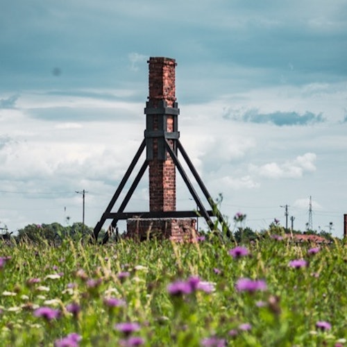 Een hoge bakstenen schoorsteen met structurele steunberen staat in een veld met wilde bloemen onder een bewolkte hemel.