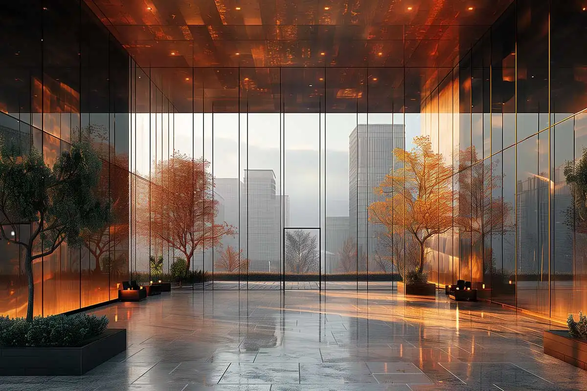 Modern glass building with illuminated trees and a view of city skyscrapers