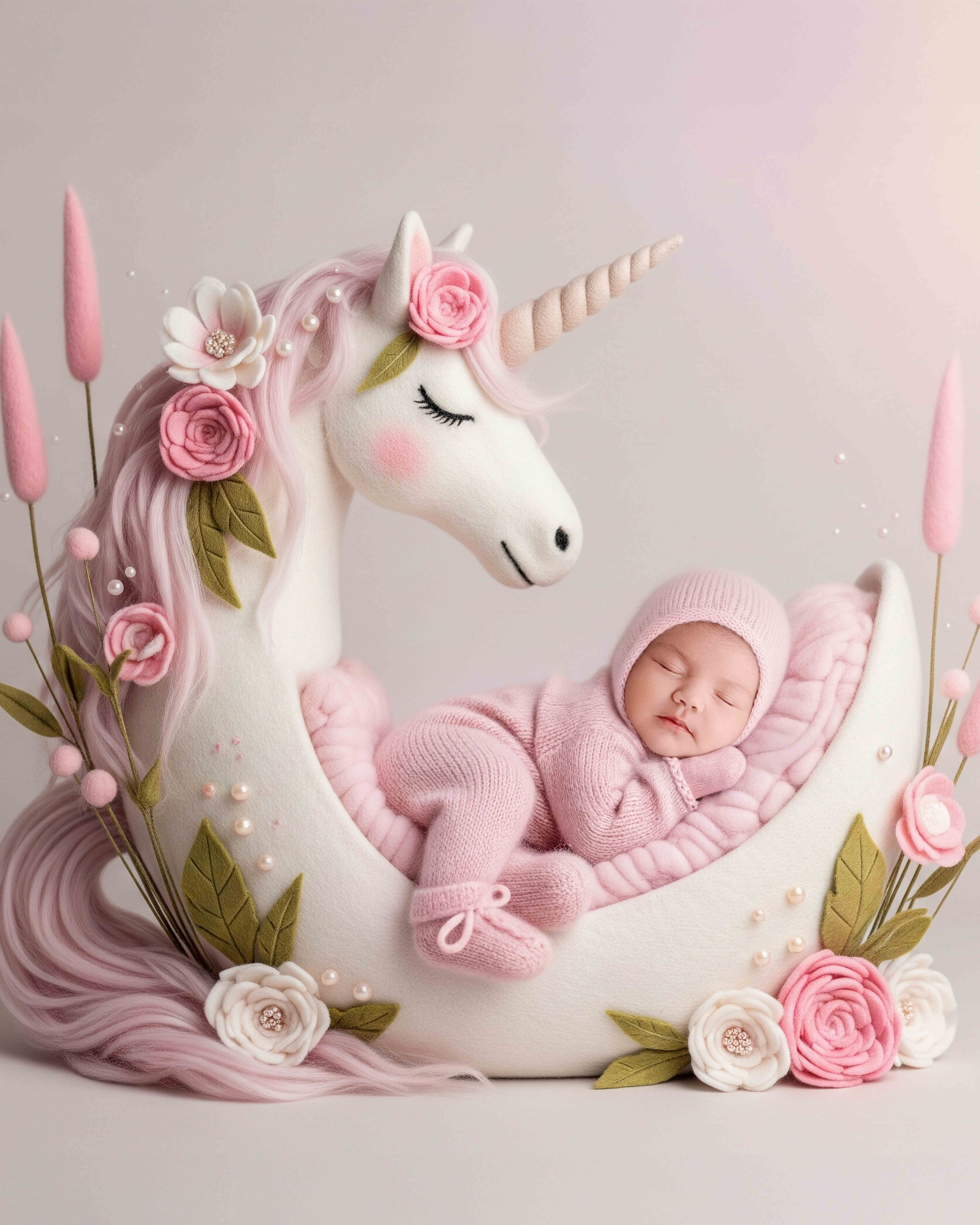 Newborn girl posed in magical unicorn digital background