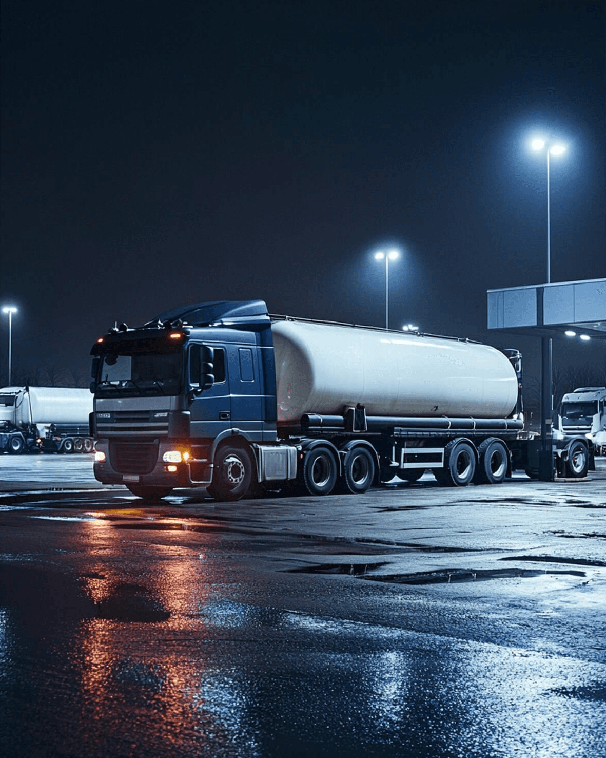 Truck refueling at a petrol station.