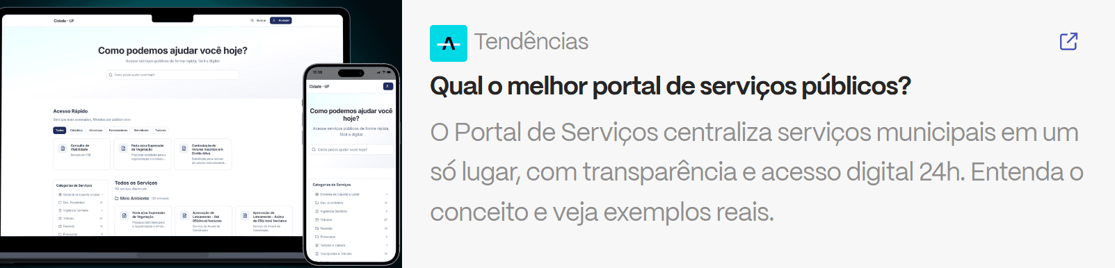 Computador e celular exibindo o portal de serviços ao cidadão com interface digital e acesso rápido a serviços públicos.