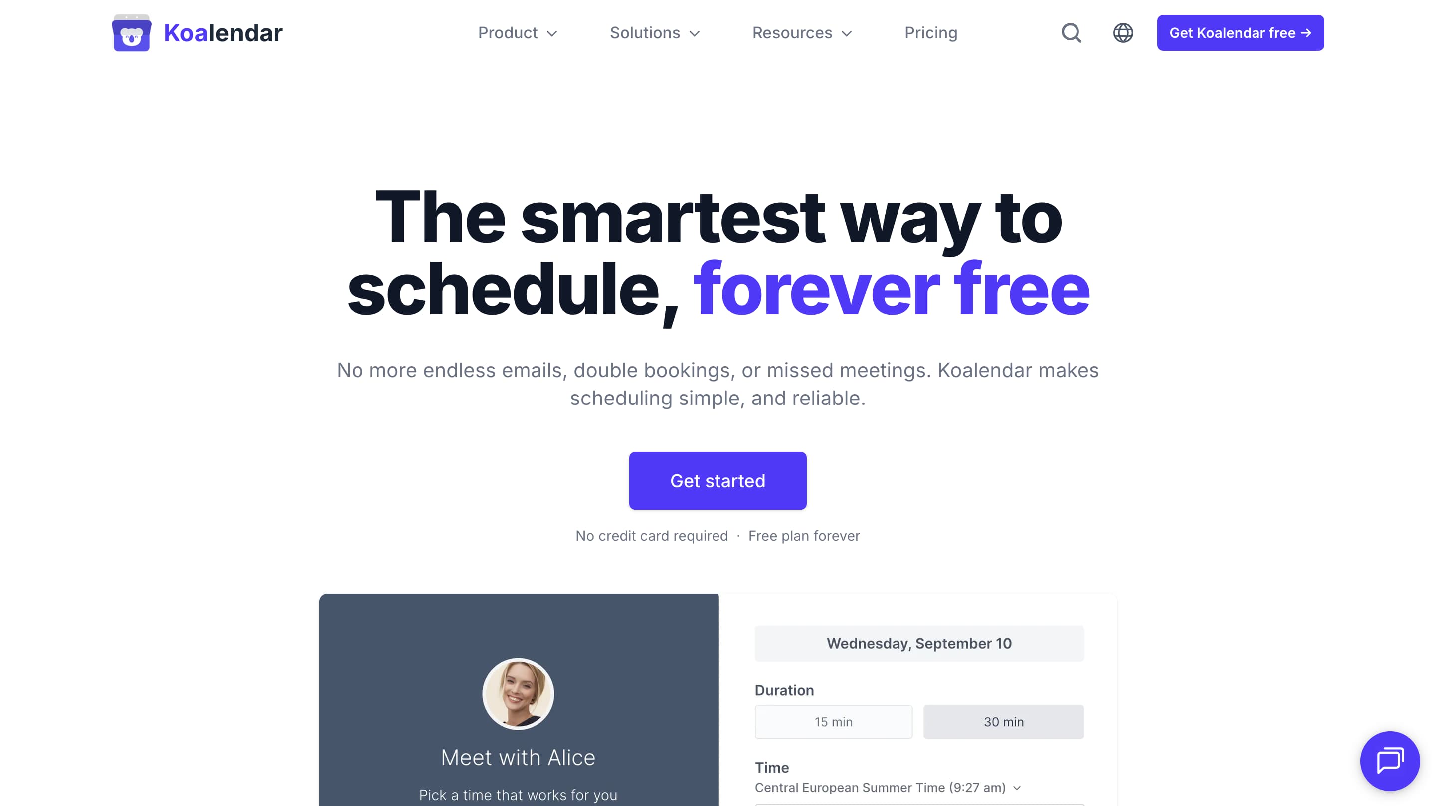 Koalendar homepage hero section showing headline, call-to-action