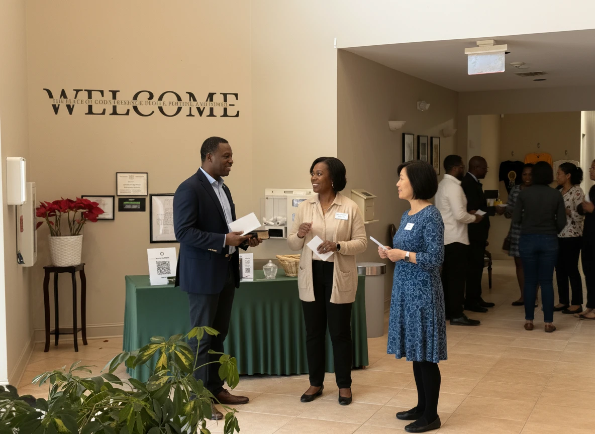 Post-service follow-up conversations in the Pleasant Grove Church lobby in Cary, NC, where ministry volunteers warmly welcome guests near the welcome table while other attendees mingle in the background, reflecting compassionate evangelism, community connection, and a welcoming church family.