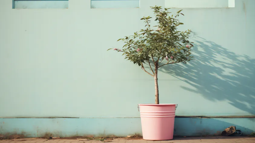 A lone olive tree in a terracotta pot sits against an urban building