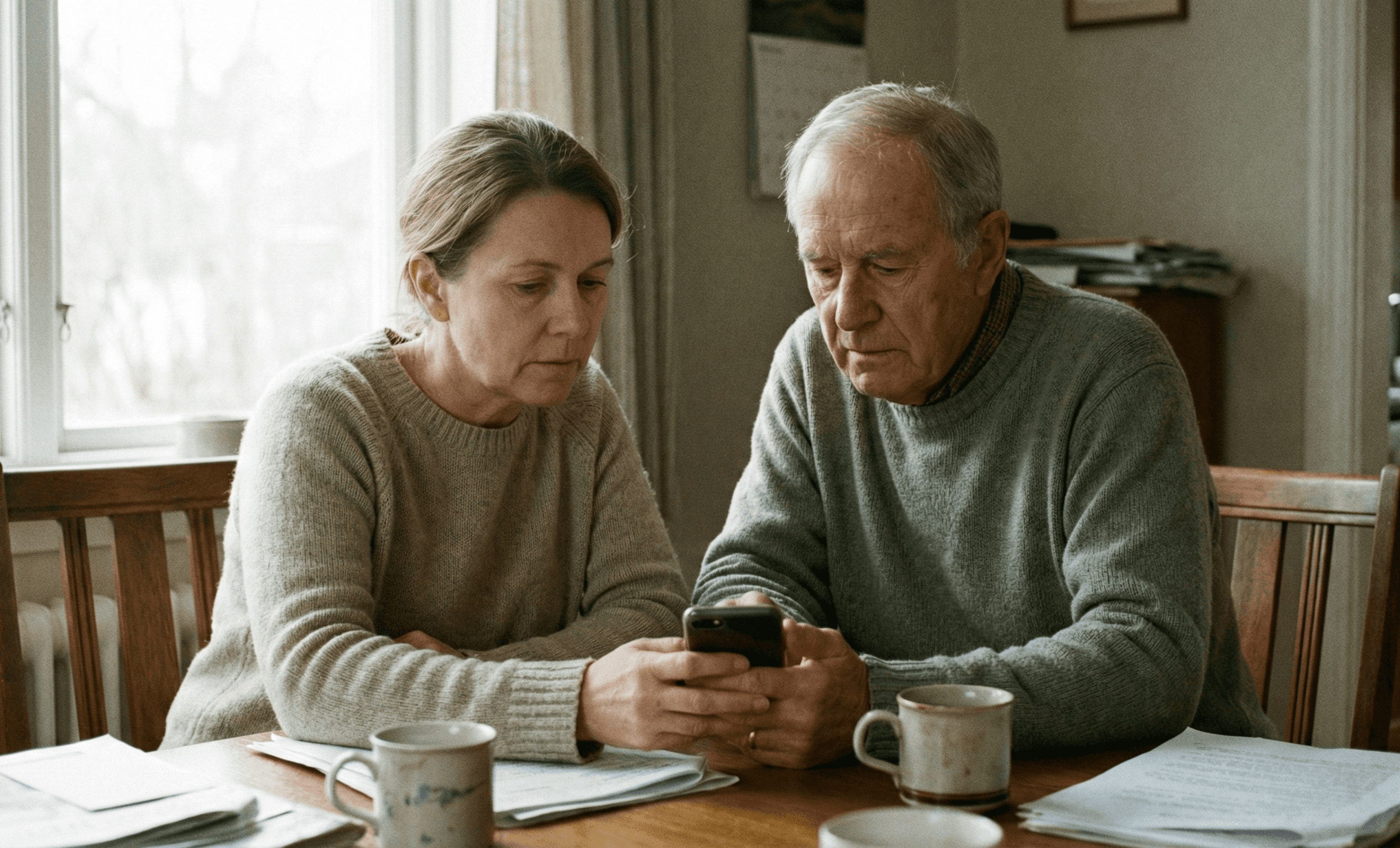 A woman and her father review his finances on his phone.
