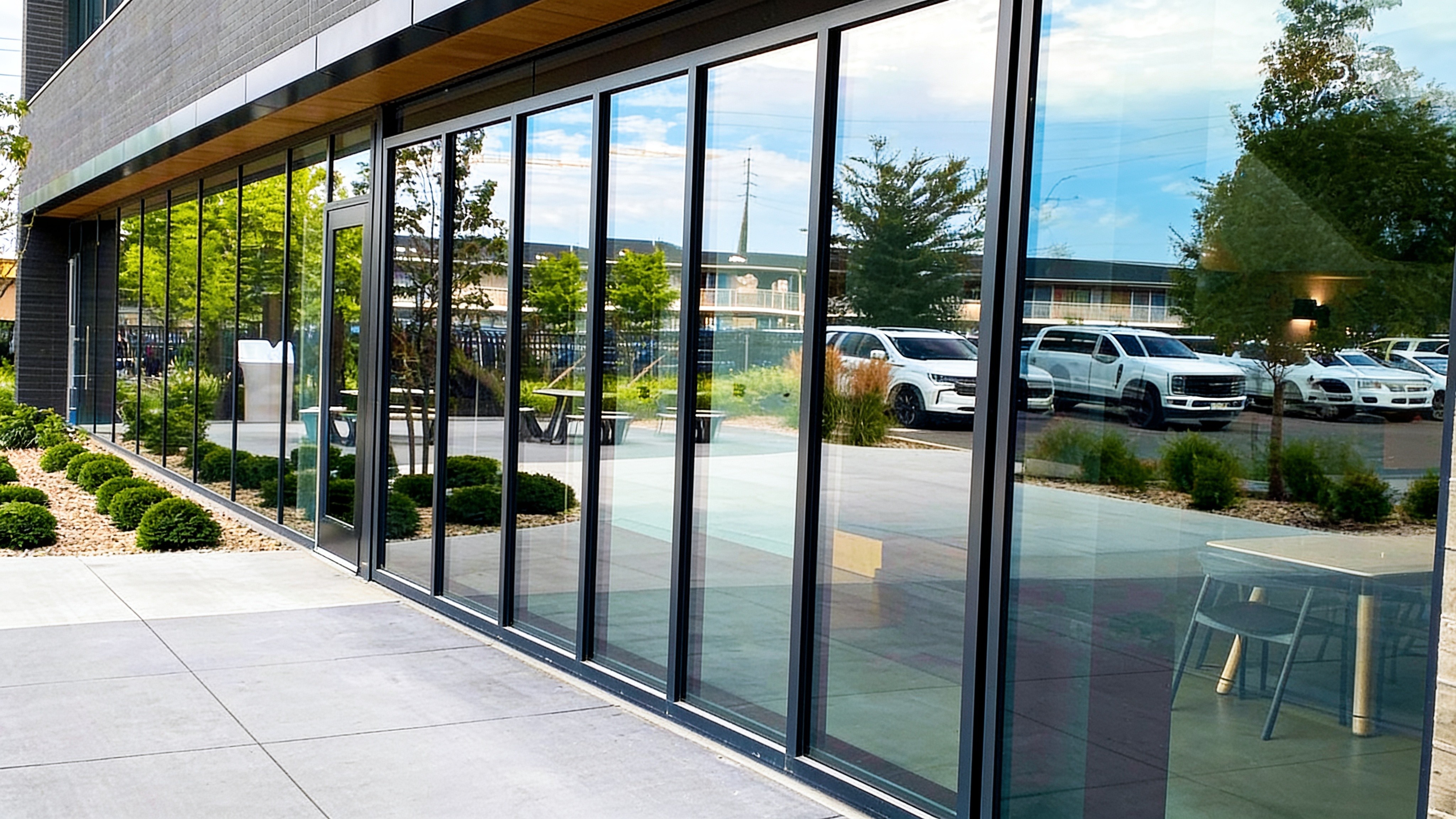 Concealed cylinder glass door wall on a modern building with the cylinders hidden