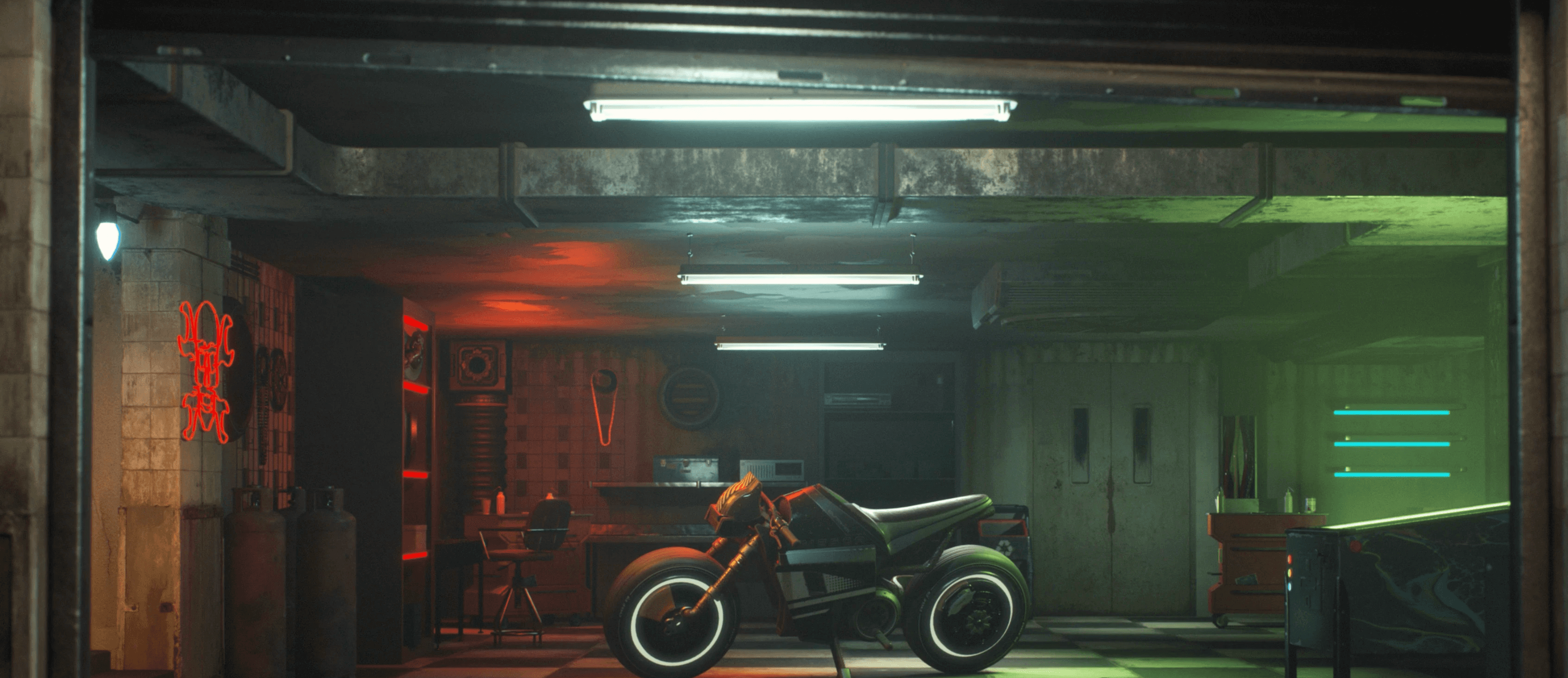 Playhuman Immersive — cinematic 3D virtual garage environment with motorbike and industrial workshop details