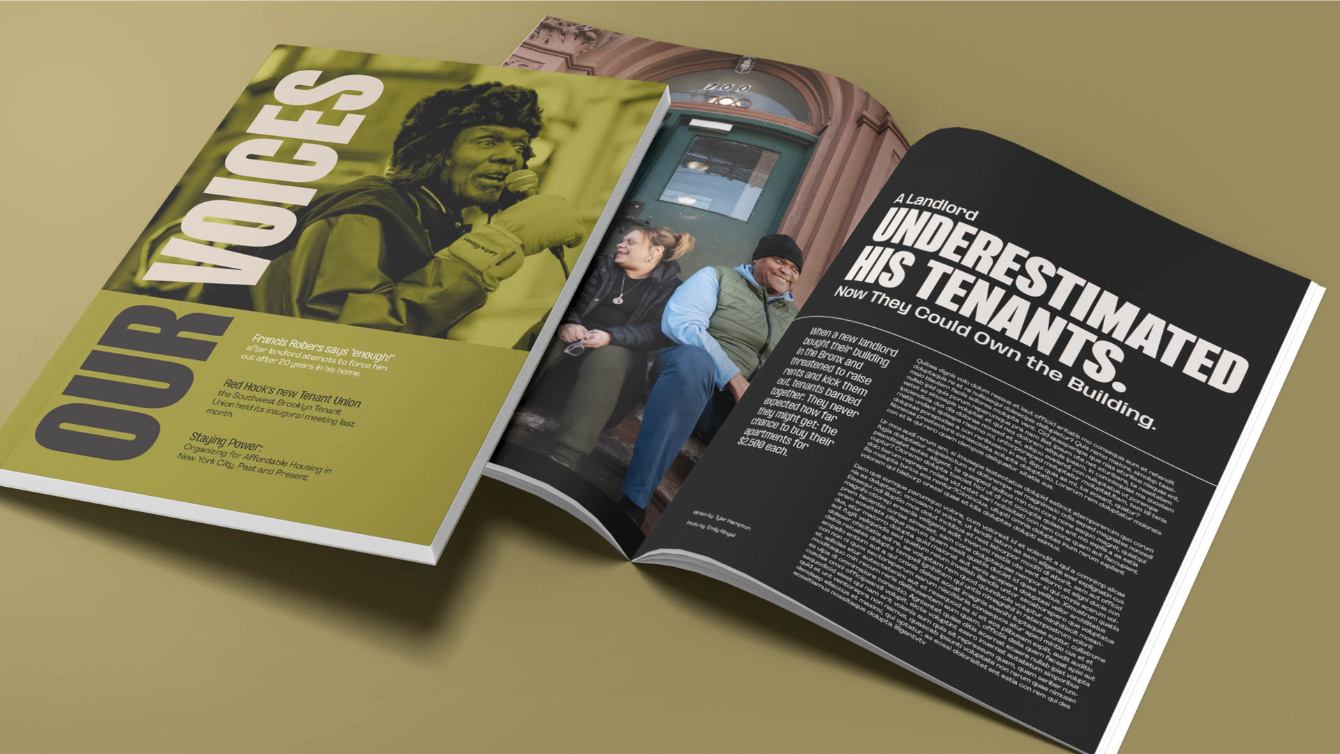 An open magazine spread displays a black and yellow color scheme. The left page features a large "OUR VOICES" title in white text on a yellow background, with a photograph of a man in a suit and a quote from Francis Roberts: "Francis Roberts says 'enough' after finding out he's been evicted from his home." The right page has a black background with white text, titled "UNDERESTIMATED HIS TENANTS: Now They Could Own the Building." A photograph of a group of people is visible on the page. The magazine is laid on a light brown surface.