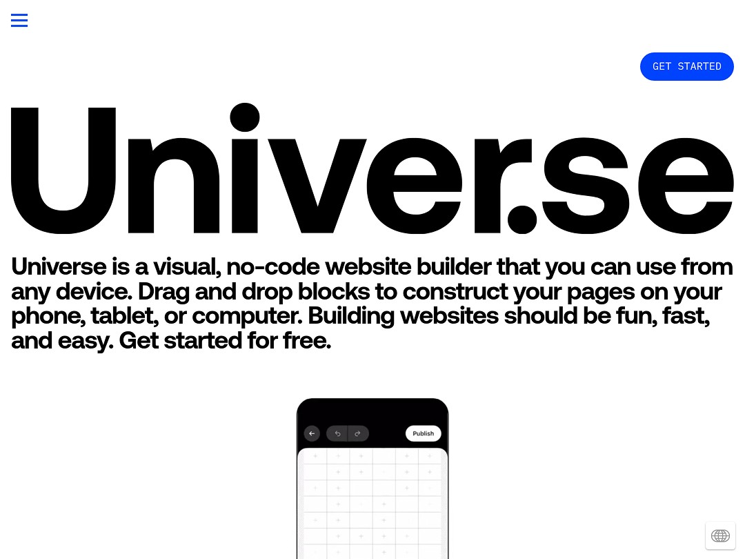 The image showcases the homepage of Universe, a no-code app builder for website creation, featuring a sleek design with highlighted text promoting its drag-and-drop functionality for building websites on any device.