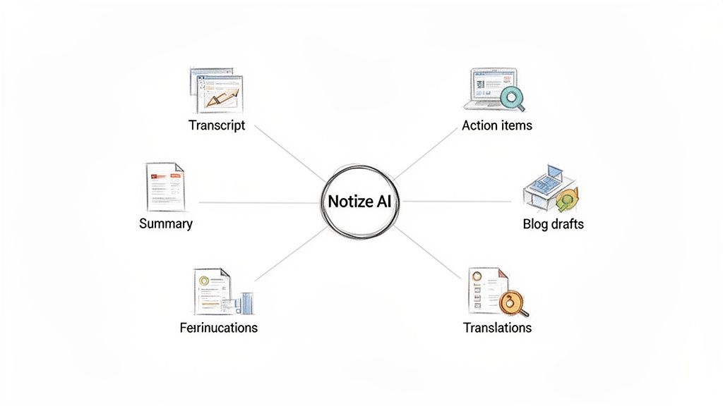 Diagram showing Notize AI as a central hub generating transcripts, summaries, action items, blog drafts, and translations.