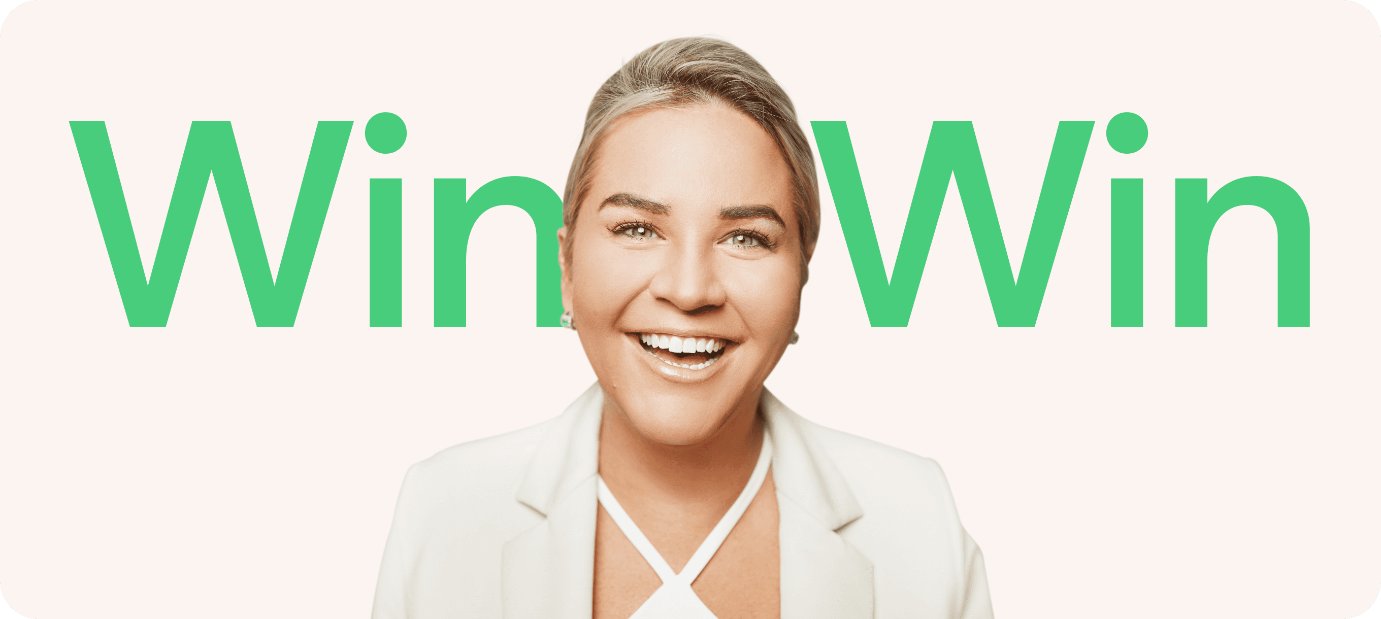 Image of a smiling businesswoman in glasses with 'Win-Win' text in the background