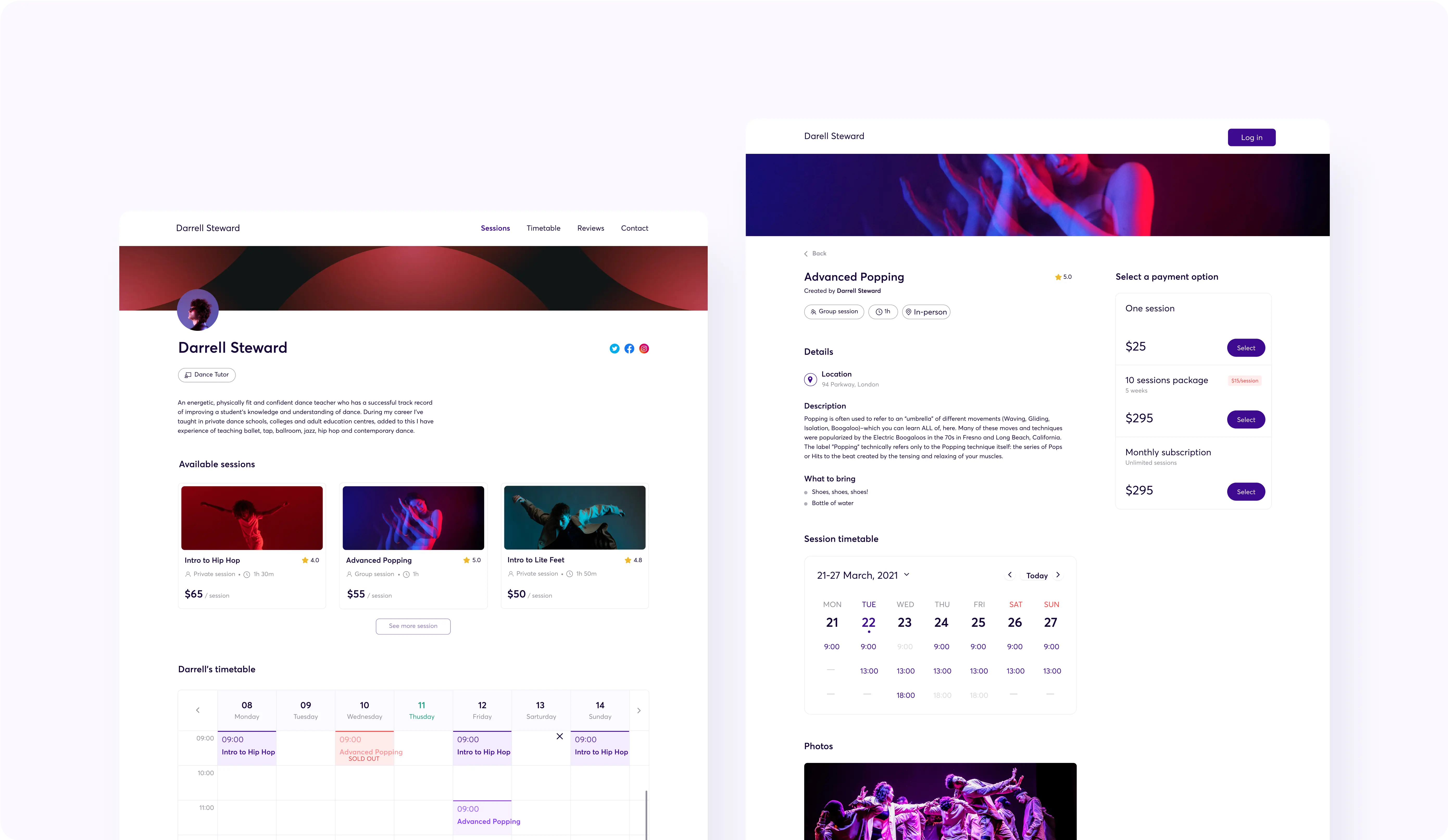 Two side-by-side pages of an online profile and booking platform for a dance tutor named Darrell Steward. The left page features Darrell’s profile with a brief bio and available sessions including "Intro to Hip Hop," "Advanced Popping," and "Intro to Lite Feet," each with a price per session. Below, there's a timetable showing session schedules. The right page focuses on the "Advanced Popping" session with details about location, description, what to bring, session timetable, and payment options for one session, 10-session package, and monthly subscription.