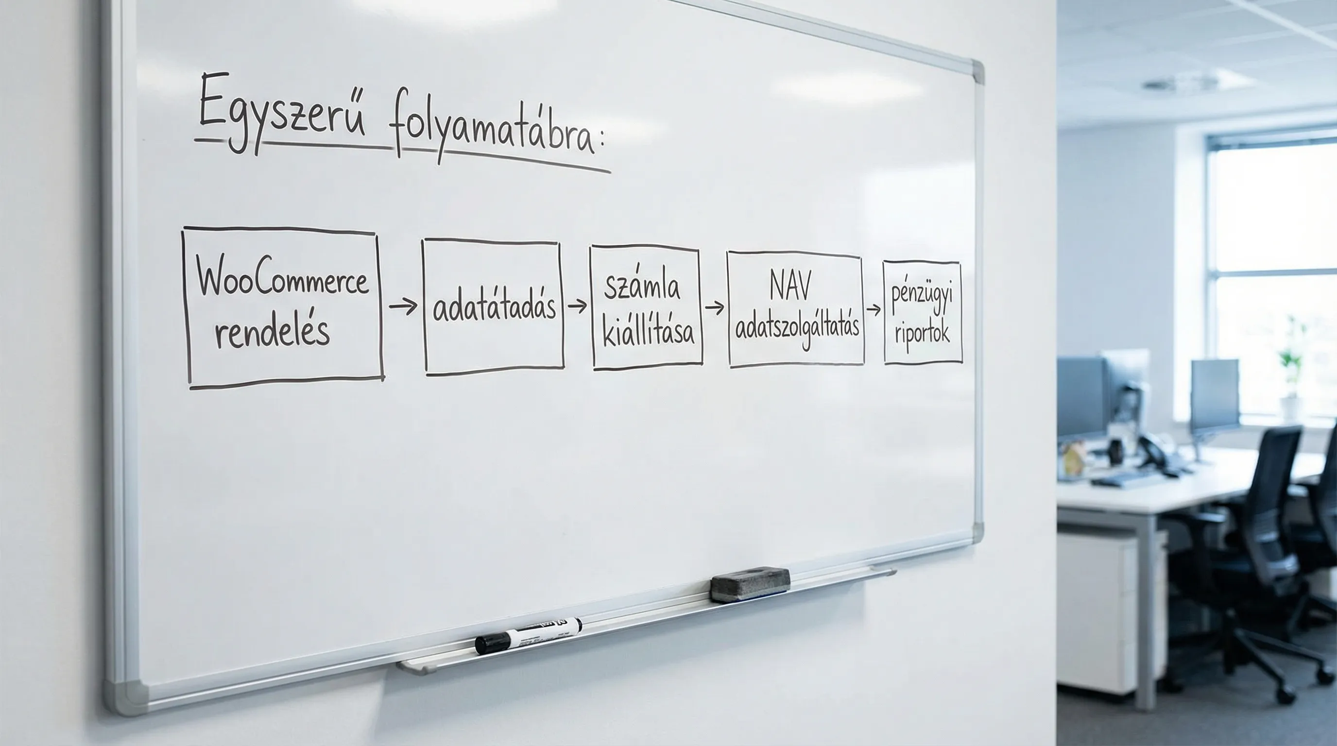 Egyszerű folyamatábra: WooCommerce rendelés -> adatátadás -> számla kiállítása -> NAV adatszolgáltatás -> pénzügyi riportok. A diagram 5 dobozból áll, nyilakkal összekötve.