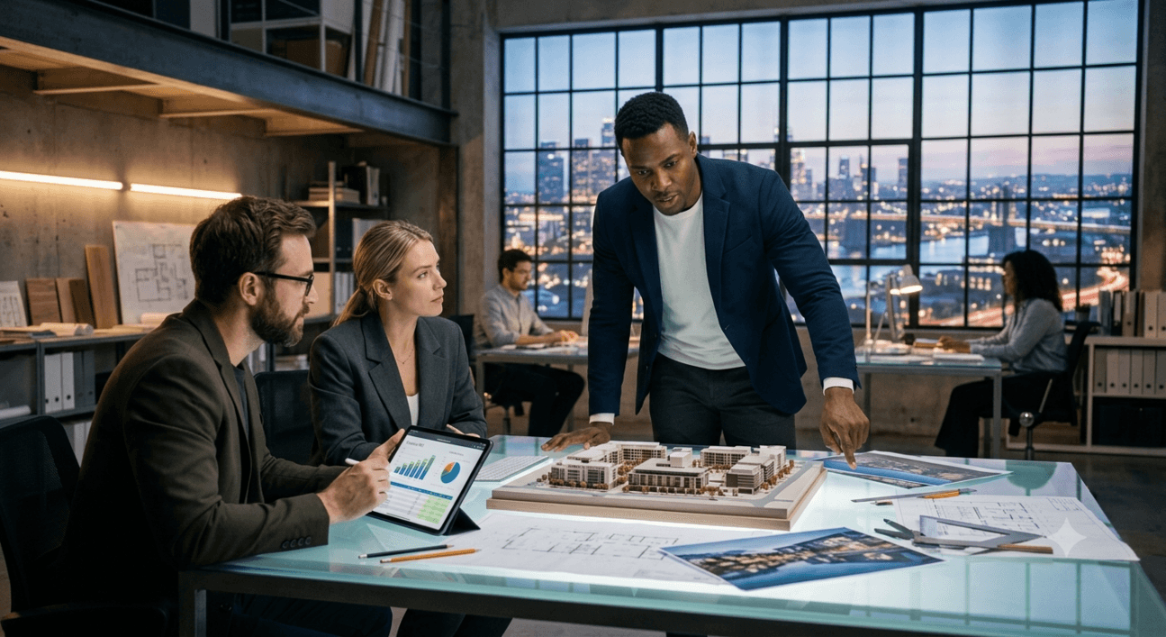 Athletes in cooperate clothes going over a real estate plan 