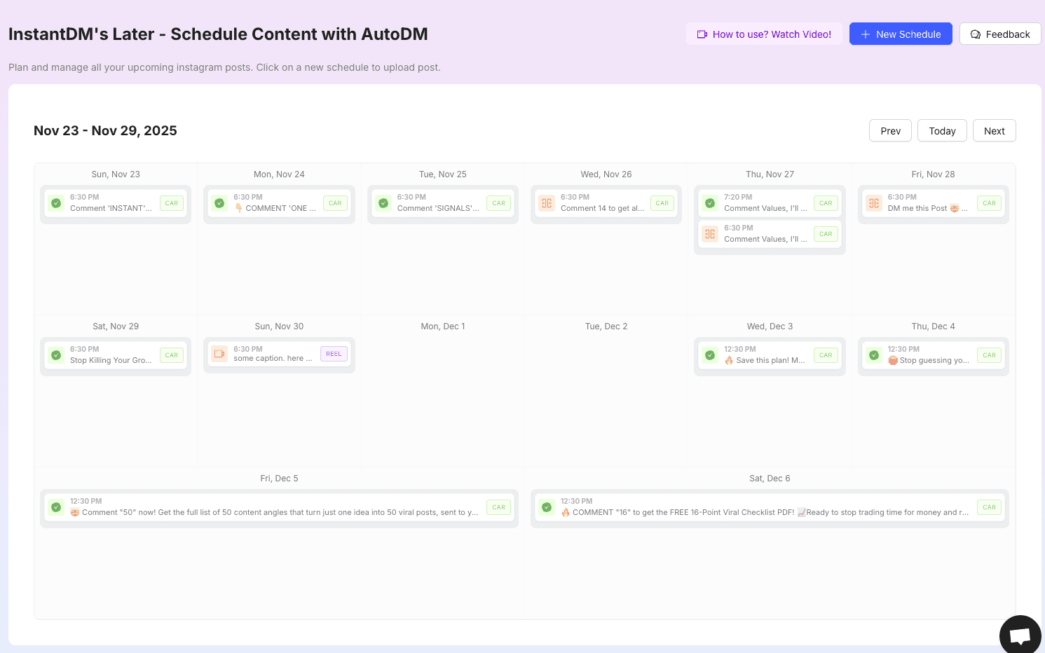InstantDM Content Calendar