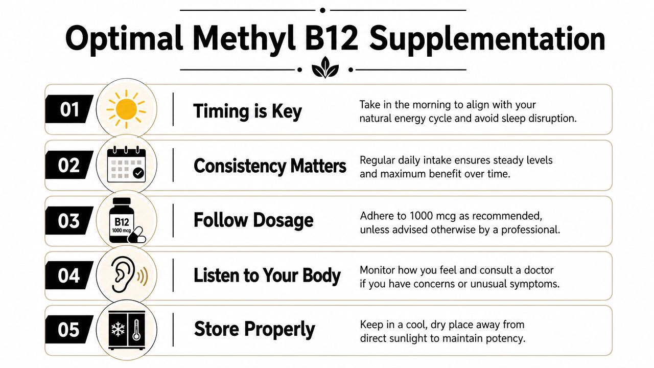 An infographic titled Optimal Methyl B12 Supplementation outlining five key tips for taking vitamin B12 effectively.