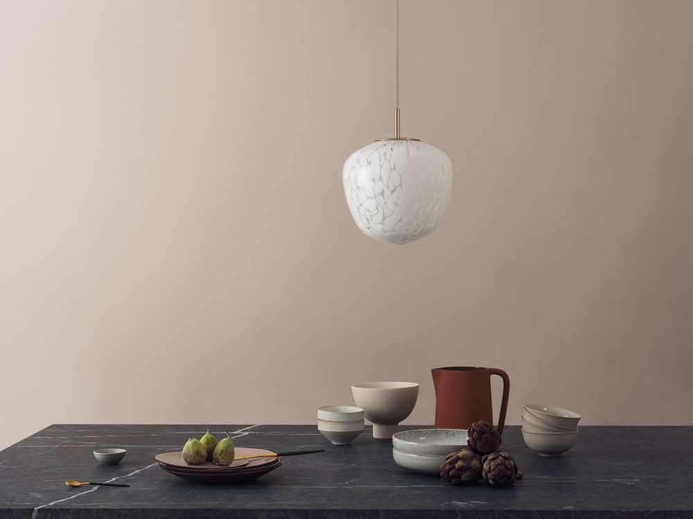 Milo pendant light – modern fixture with white flaked glass and brass metalwork