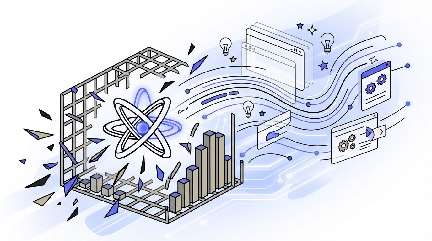 An illustration showing a stylized agency emblem shattering a restrictive cage made of generic digital tools, revealing a vibrant, flowing landscape of bespoke, glowing tech solutions.