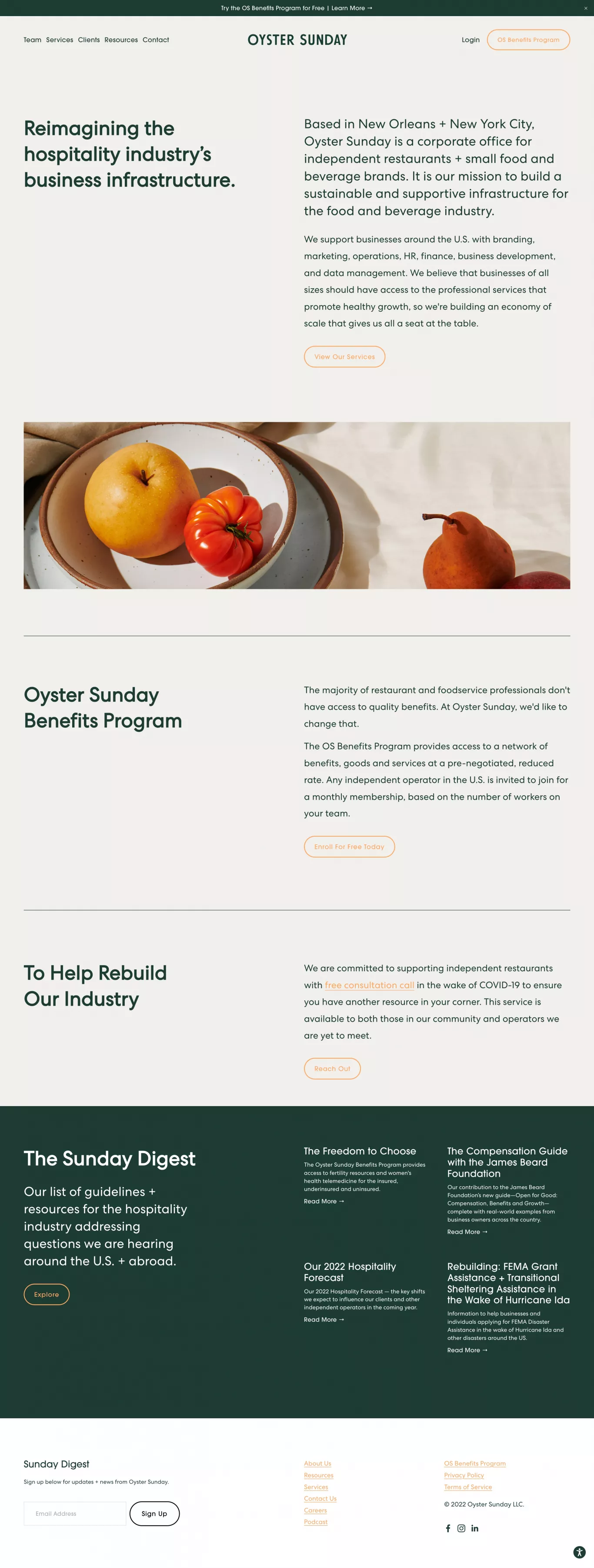 Oyster Sunday portfolio page screenshot showcasing Food & Drinks and Local Business design