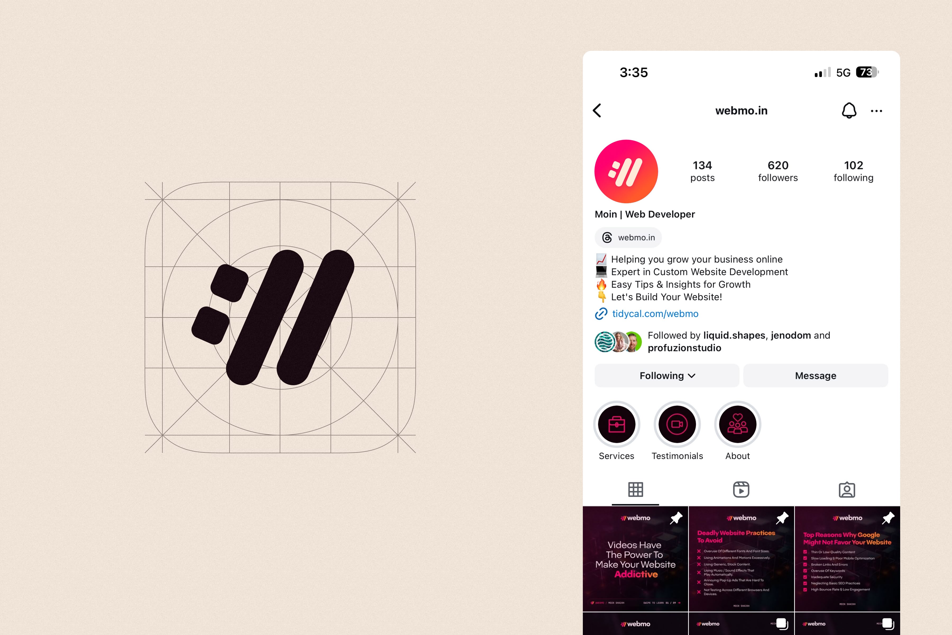 A simple technical mockup of the WebMO logo icon in a gridded layout that is square, showing the different dimensions and where the logo icon sits. Next to that is a mockup of an Instagram account on mobile showing the logo icon in the account avatar. 