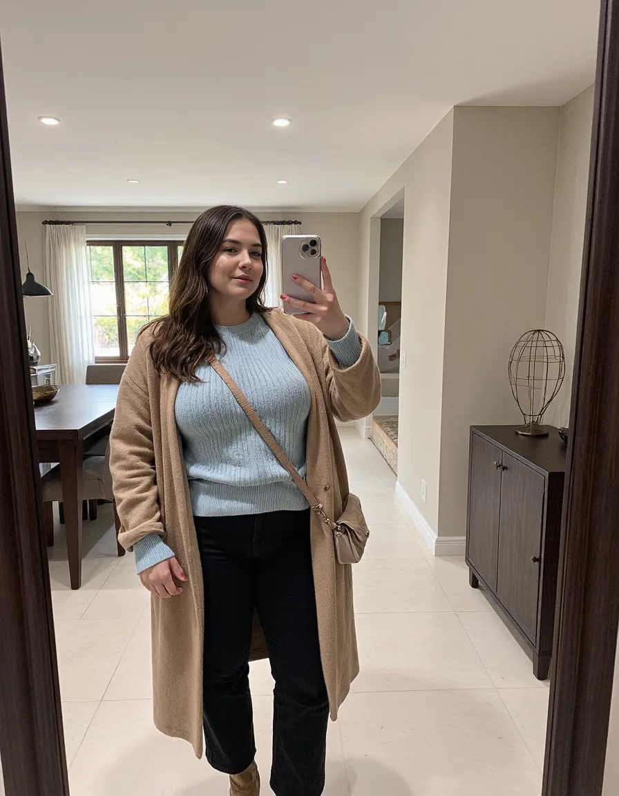Mirror selfie showing stylish camel coat over light blue sweater in modern home interior with neutral decor and natural lighting