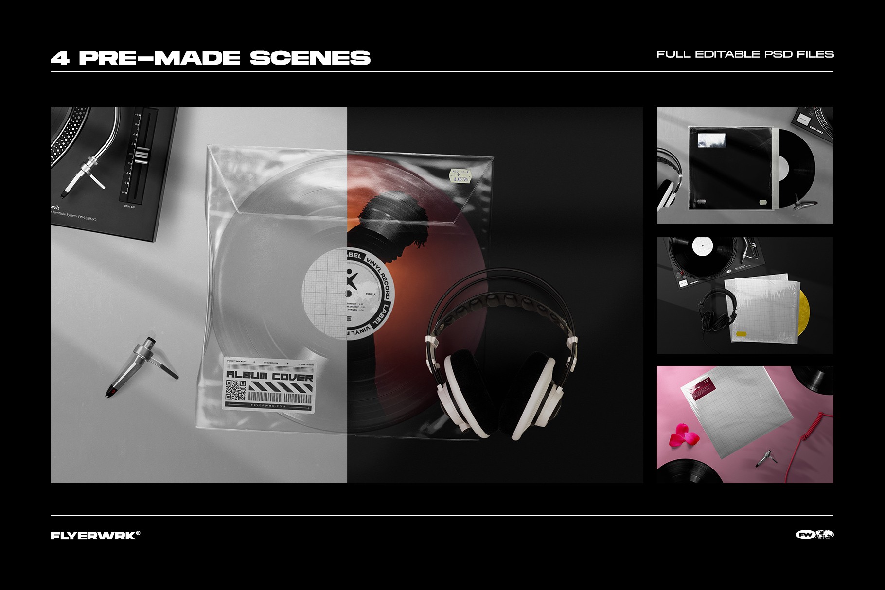 Vinyl record mockup bundle pre-made scenes with records, sleeves and headphones