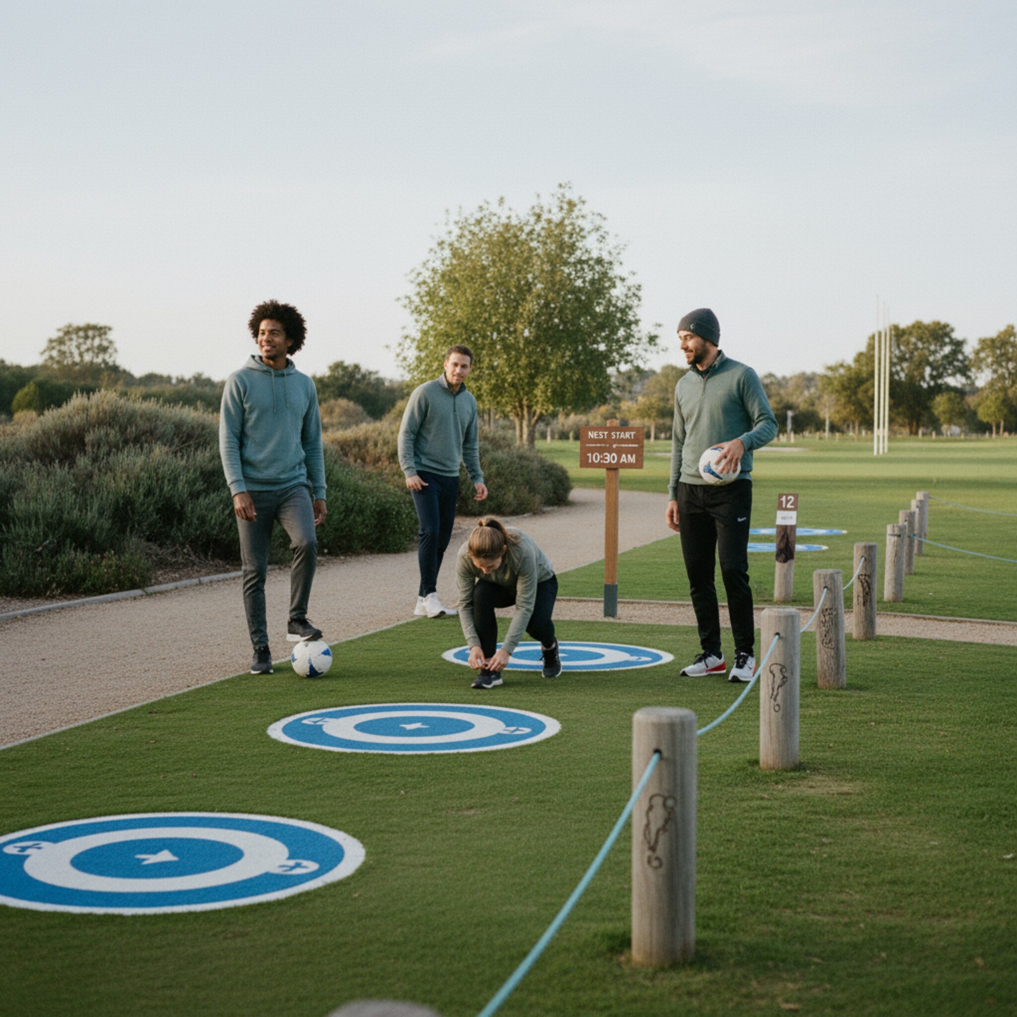 Ein sauber beschilderter Startbereich mit nummerierten Abschlägen und farbigen Markierungen. Ein kleines Holzschild zeigt die nächste Startzeit, während eine Gruppe sich locker aufwärmt. Die Luft ist klar, das Licht weich, die Szene wirkt ruhig organisiert und einladend.