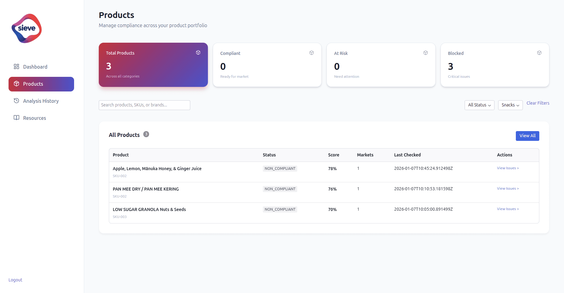 Picture of Sieve dashboard interface.