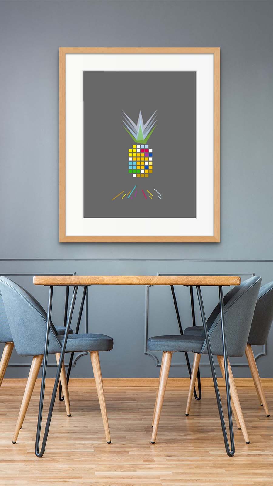 Image of a clean room, chair and painting of an 8bit pineaple, titled Piña Roots