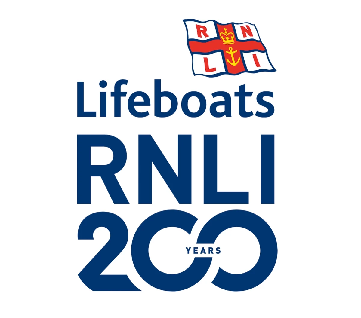 A graphic featuring the RNLI Lifeboats 200‑year anniversary logo. It includes the RNLI flag at the top, the word “Lifeboats,” the bold text “RNLI,” and a stylised “200 Years” emblem with the zeros interlinked in a circular design.