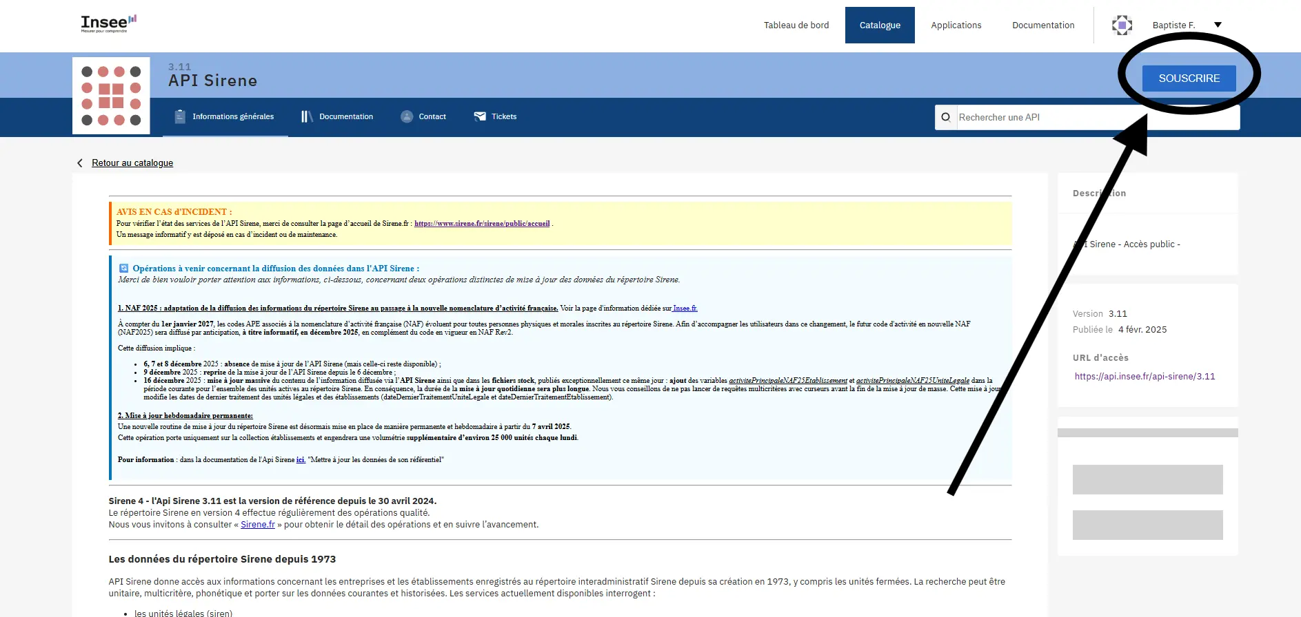 bouton souscrire API Sirene INSEE choix application créée