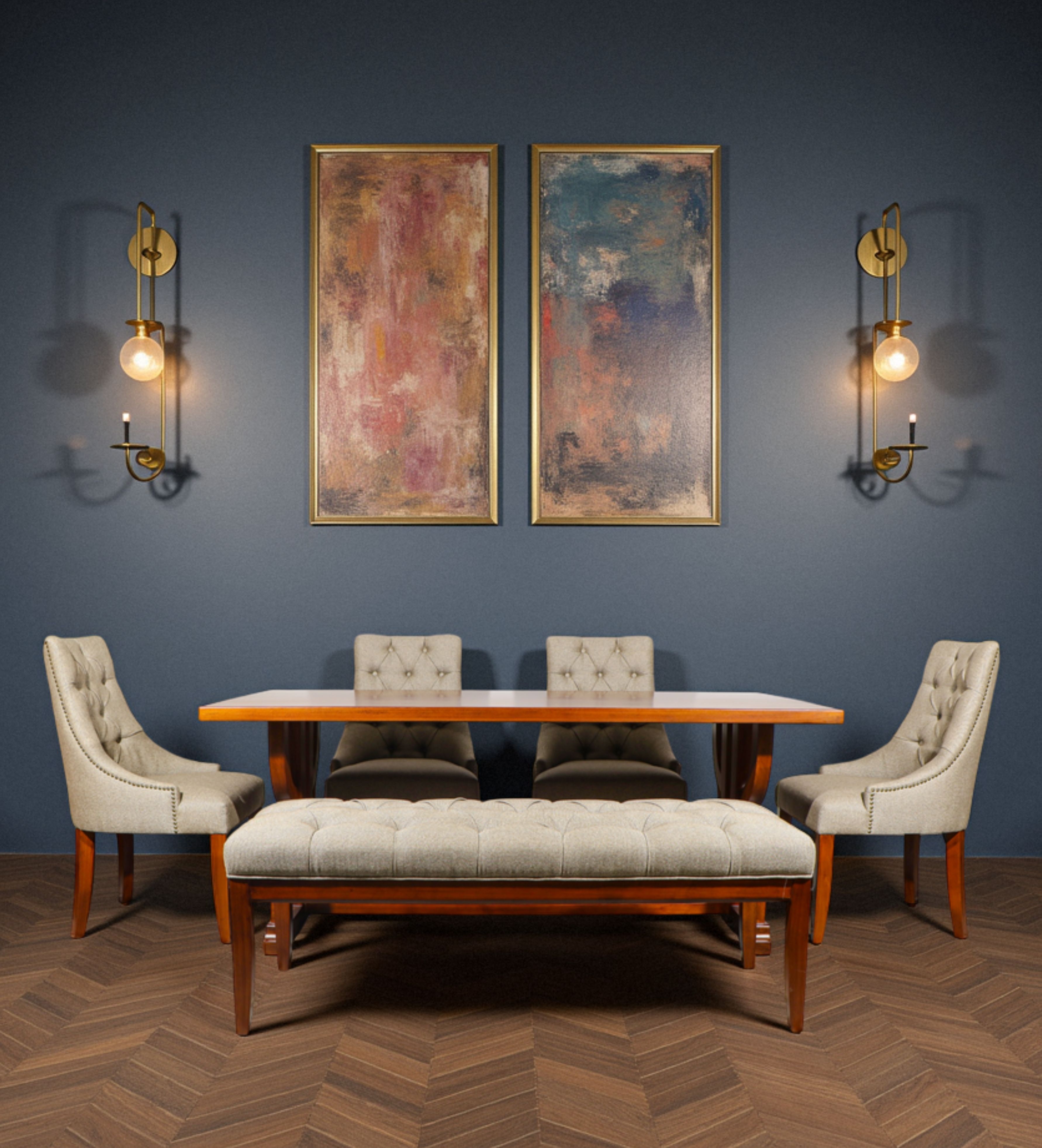 Wooden dining table set with tufted cushioned bench seating and tufted upholstered chairs