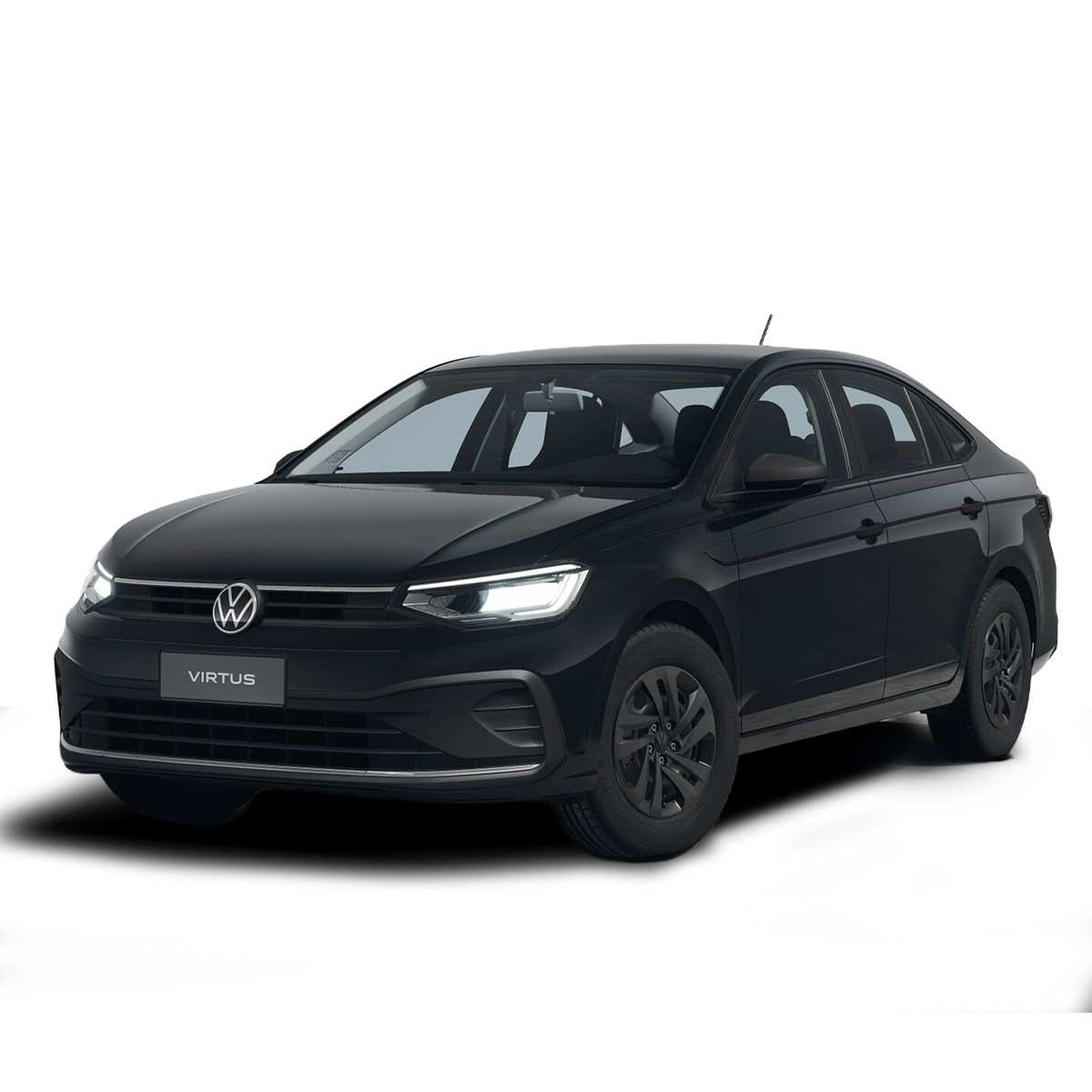 Sedan Volkswagen Virtus preto, destacando a possibilidade de adquirir um carro moderno pelo consórcio Klubi com parcelas que cabem no bolso.