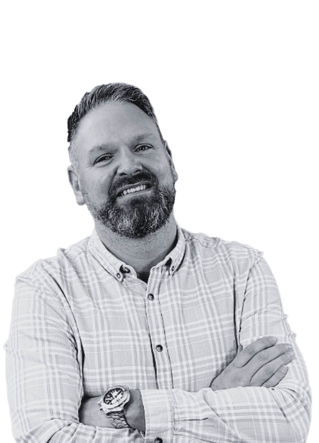 Black and white portrait of a smiling person with curly hair