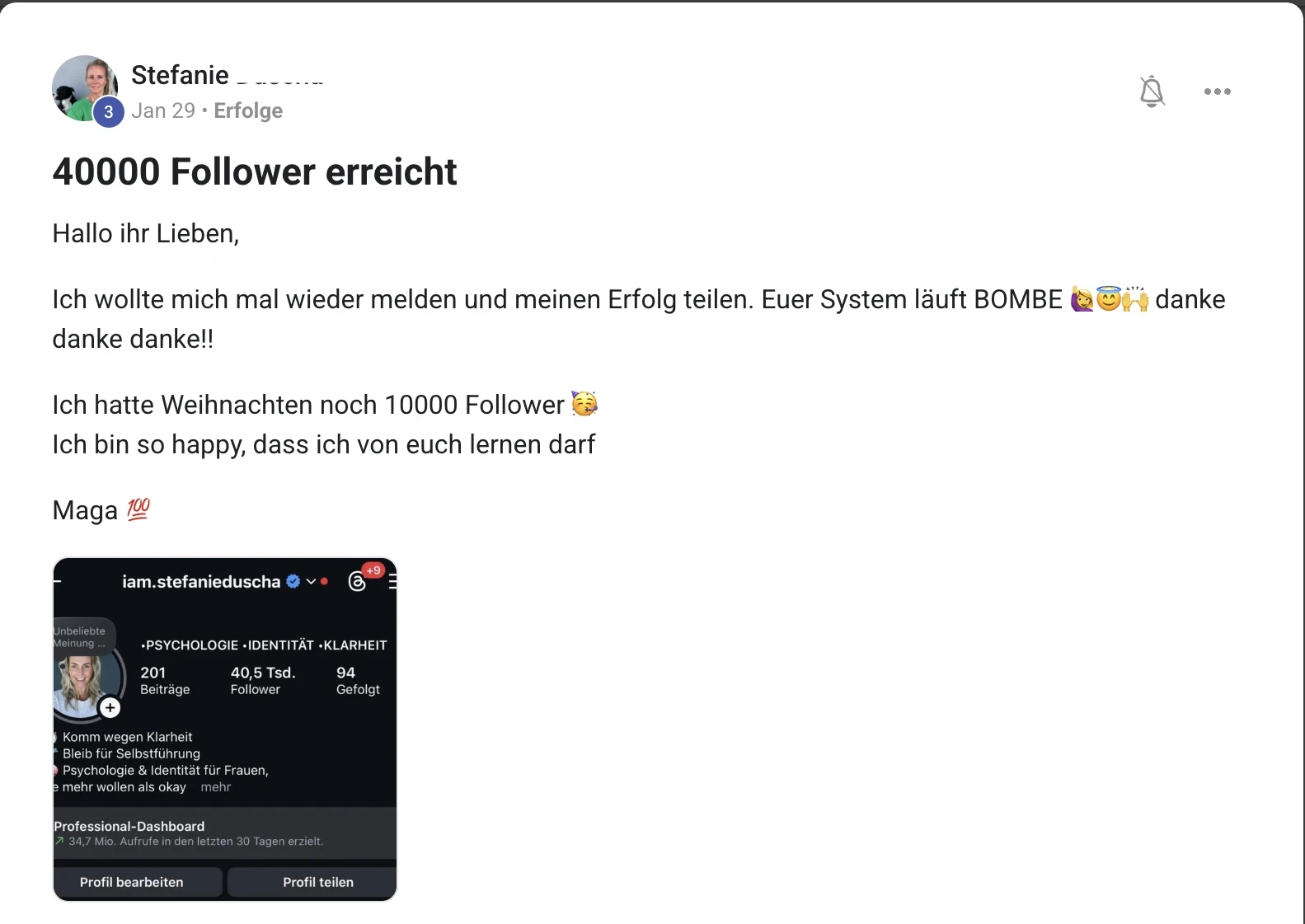 Kundenstimme KI Creator Akademie: Psychologie-Coach Stefanie wächst auf 40.500 Instagram-Follower