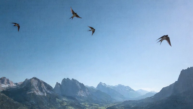 Sacred artwork by Faith and Verse. © Faith and Verse, 2026. All rights reserved. Swallows in flight over Alpine valley, Valle d'Aosta mountain landscape.