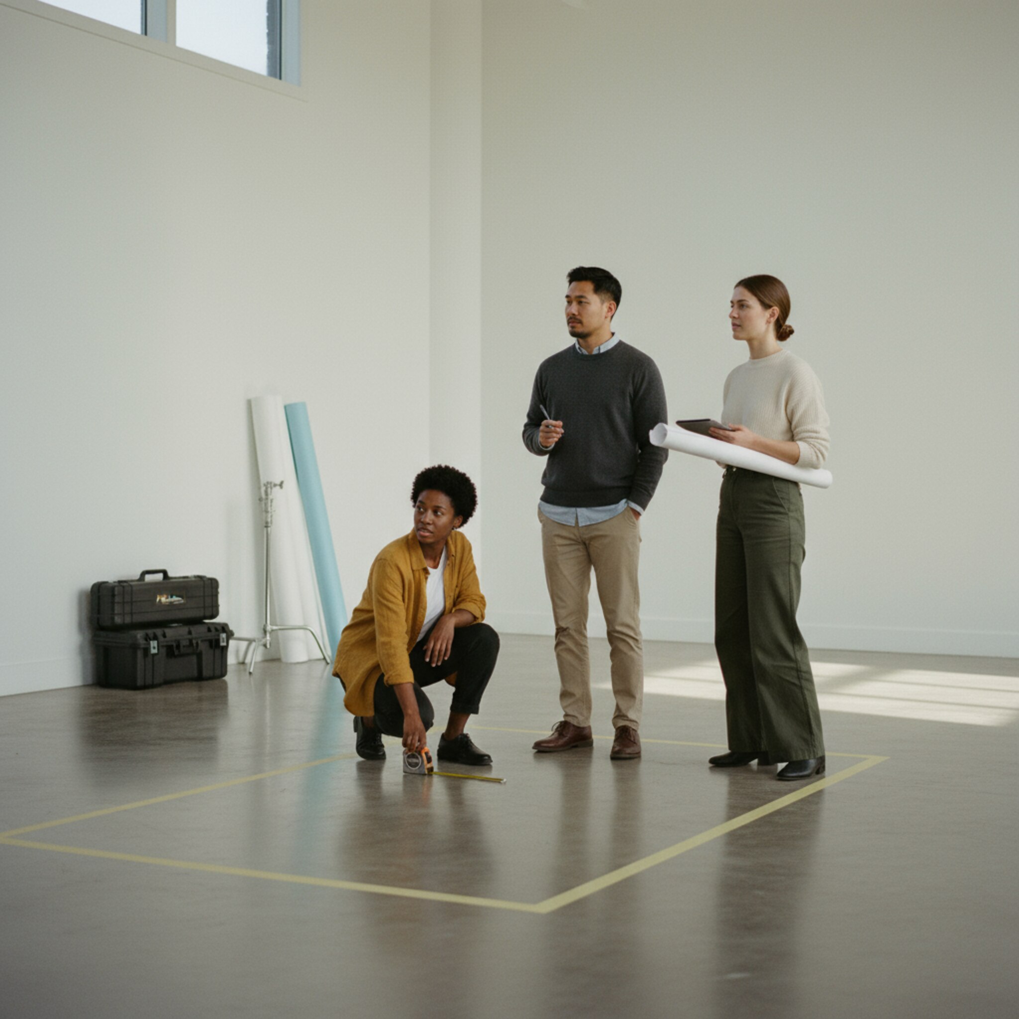 In einem weiten, aufgeräumten Raum stehen Markierungen auf dem Boden, die die geplante Fläche andeuten. Ein kleines Team spricht leise und zeigt auf die Ecken des Raums. Das Licht ist gleichmäßig, die Atmosphäre konzentriert und strukturiert.