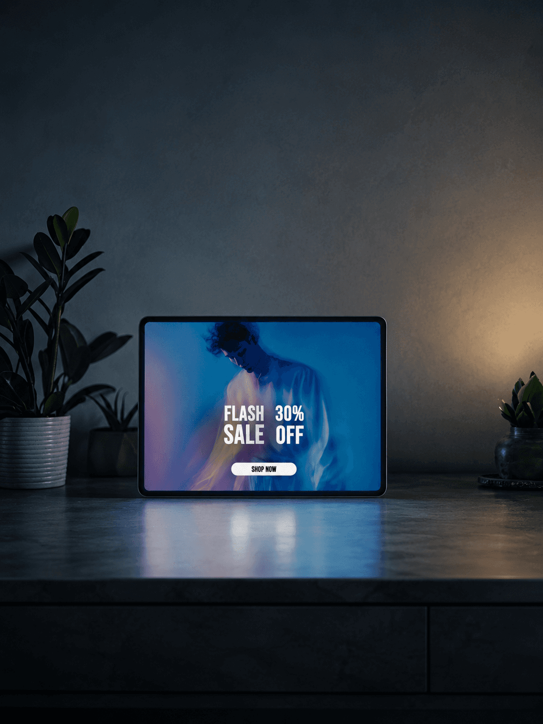 A tablet standing on a desk in a dimly lit room, displaying a "Flash Sale 30% Off" promotional email template..