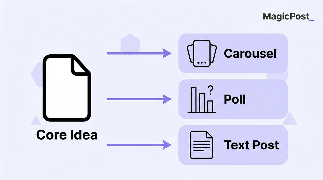 Diagram showing one core idea repurposed into three LinkedIn content distribution formats: carousel, poll, and text post