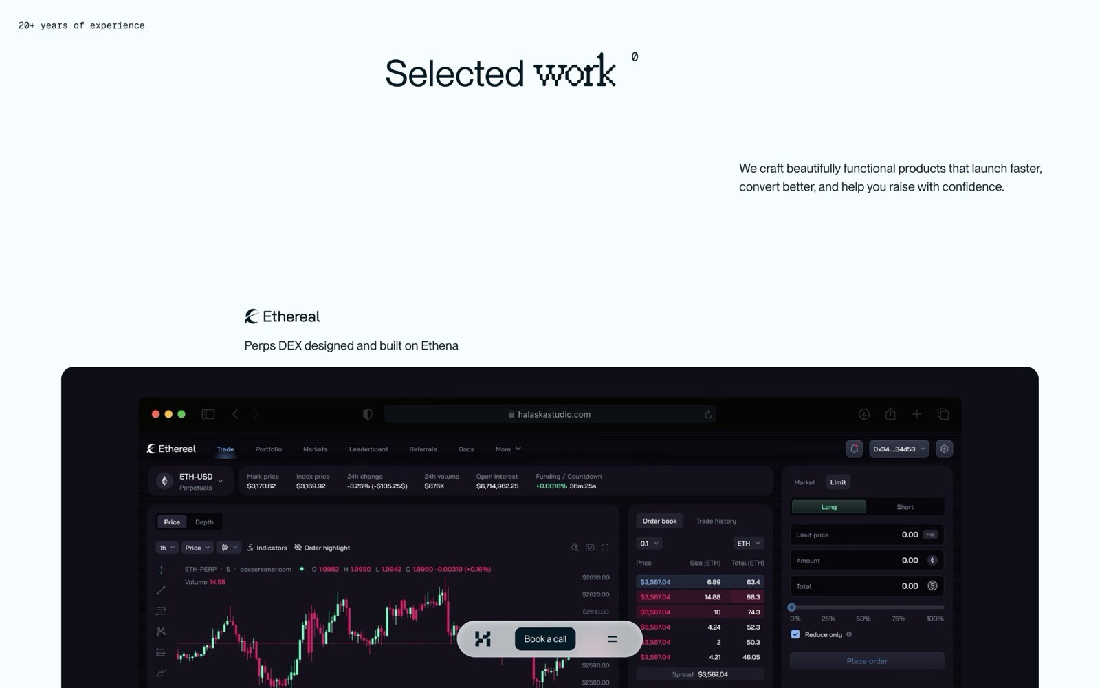 A cryptocurrency trading dashboard screenshot showcasing the Ethereal platform with a detailed chart and various market statistics, prominently displaying trading options and analytics tools in a dark-themed interface.