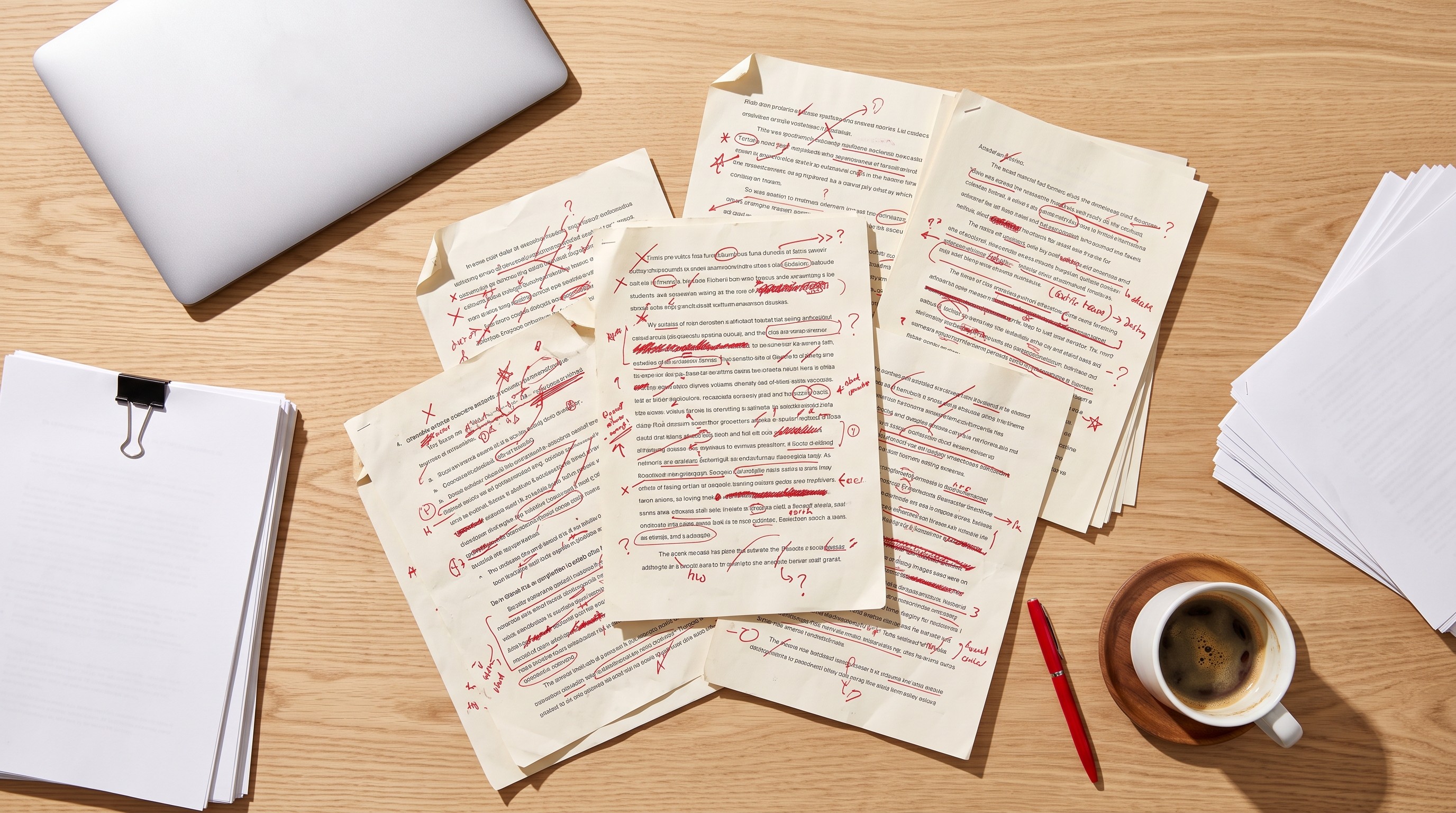 Desk covered with repeated draft corrections