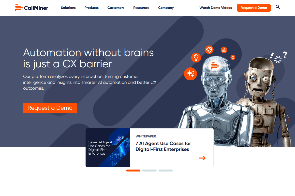 CallMiner homepage headlined Automation without brains is just a CX barrier, a conversation analytics platform