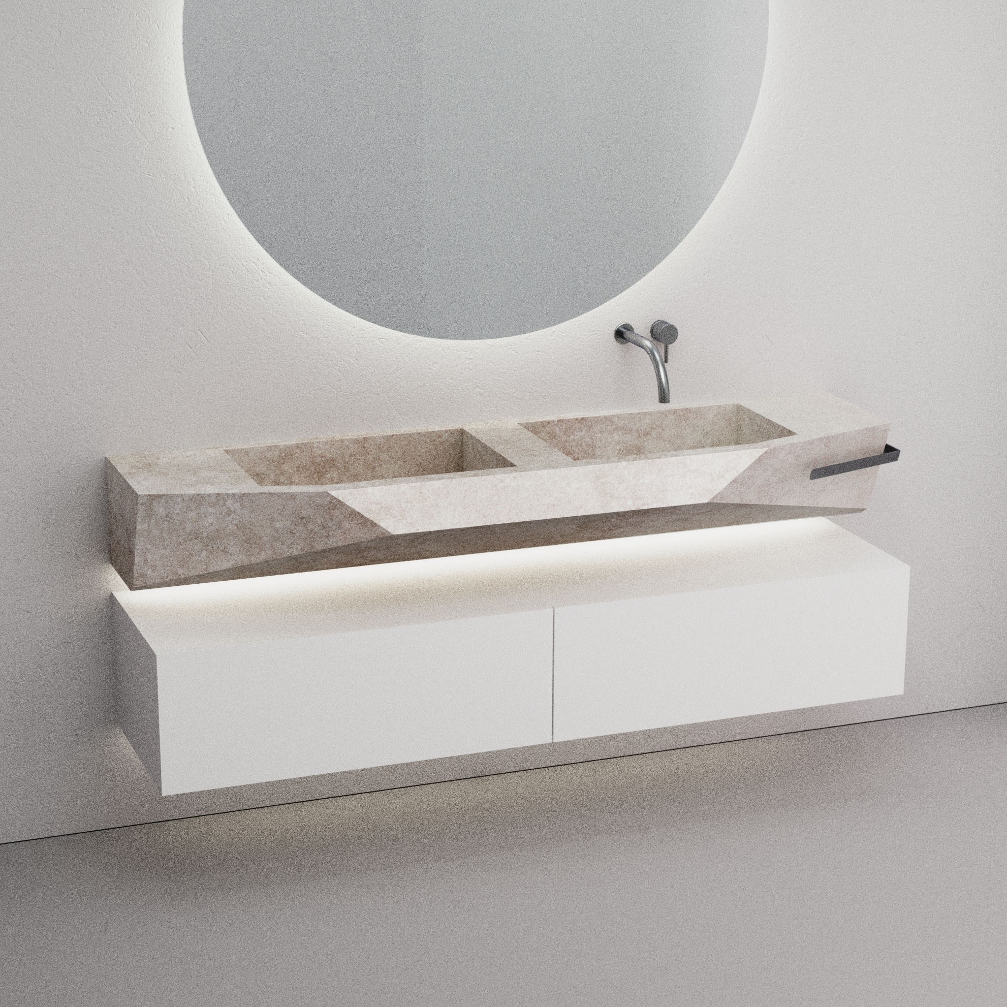 A man standing in a modern studio space, gesturing while discussing architectural plans. Shelves with books and models line the background.