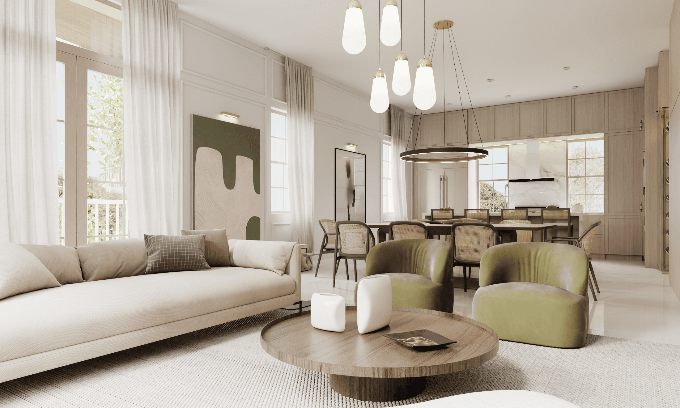 A very modern and luxurious living room, clean white and green pallette with high end furniture