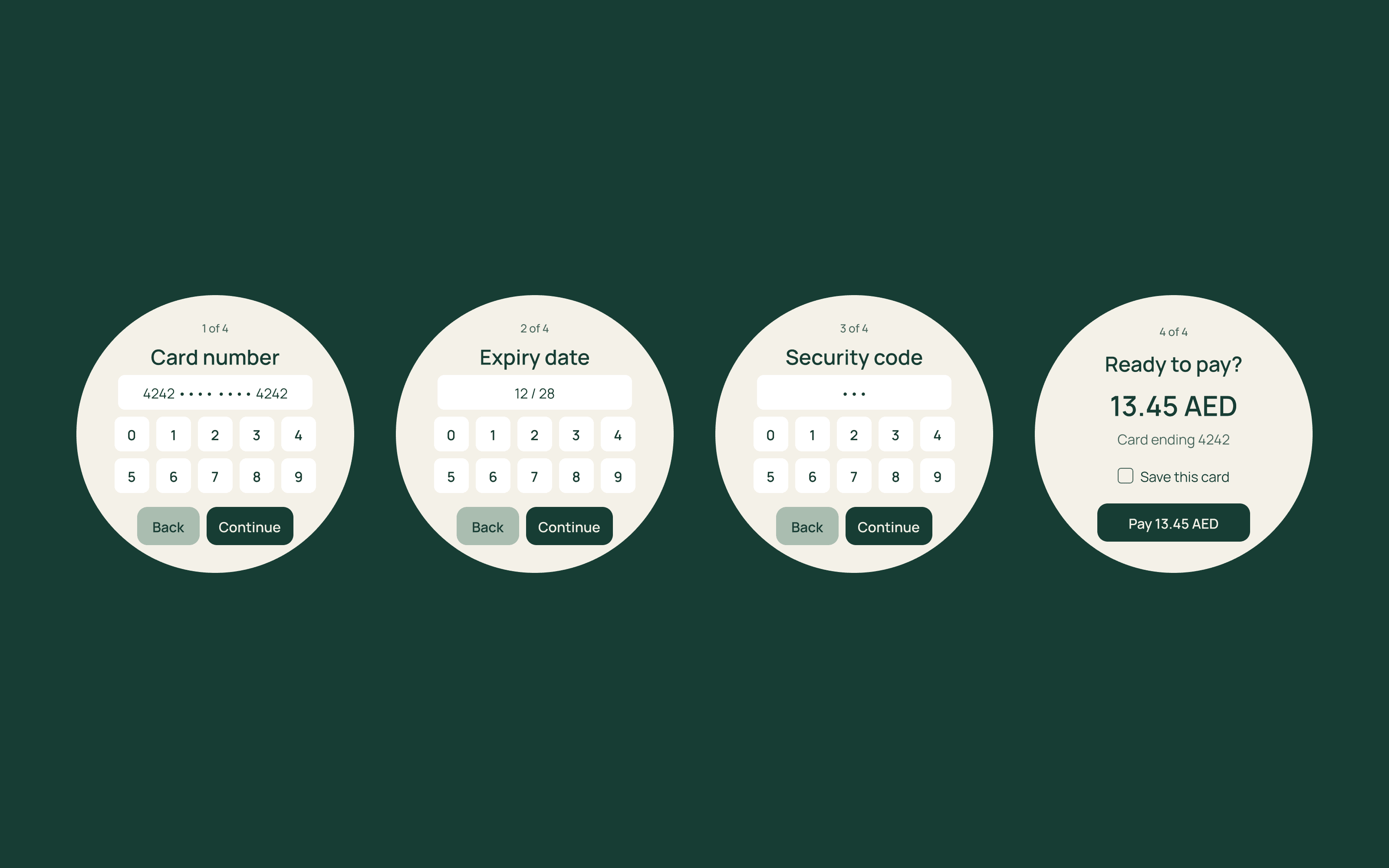 Card number, expiry date, security code and payment confirmation states.