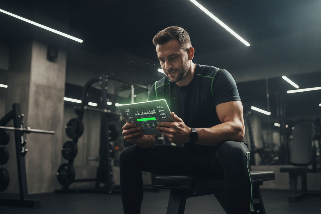 Person checking workout progress on a tablet