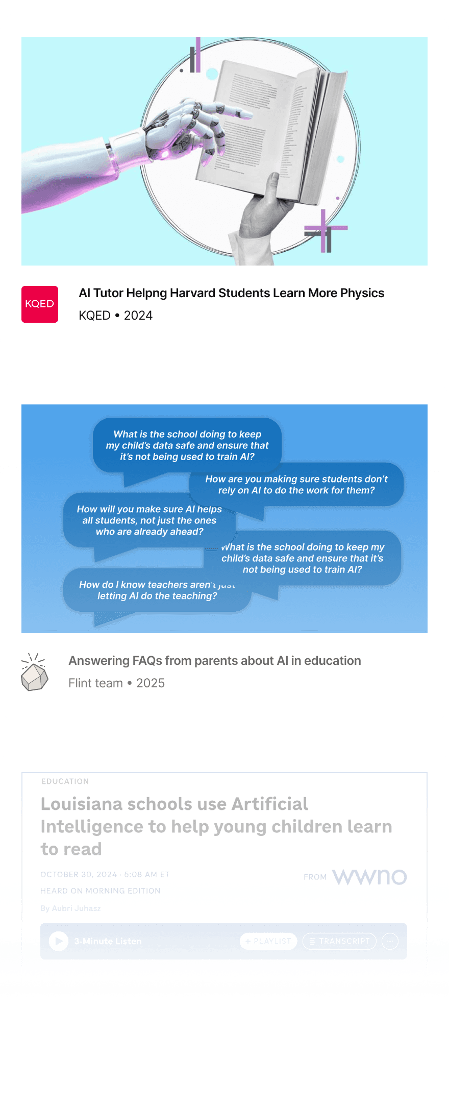 A column of images showing different resources from KQED and Flint's FAQ for parent ai communication