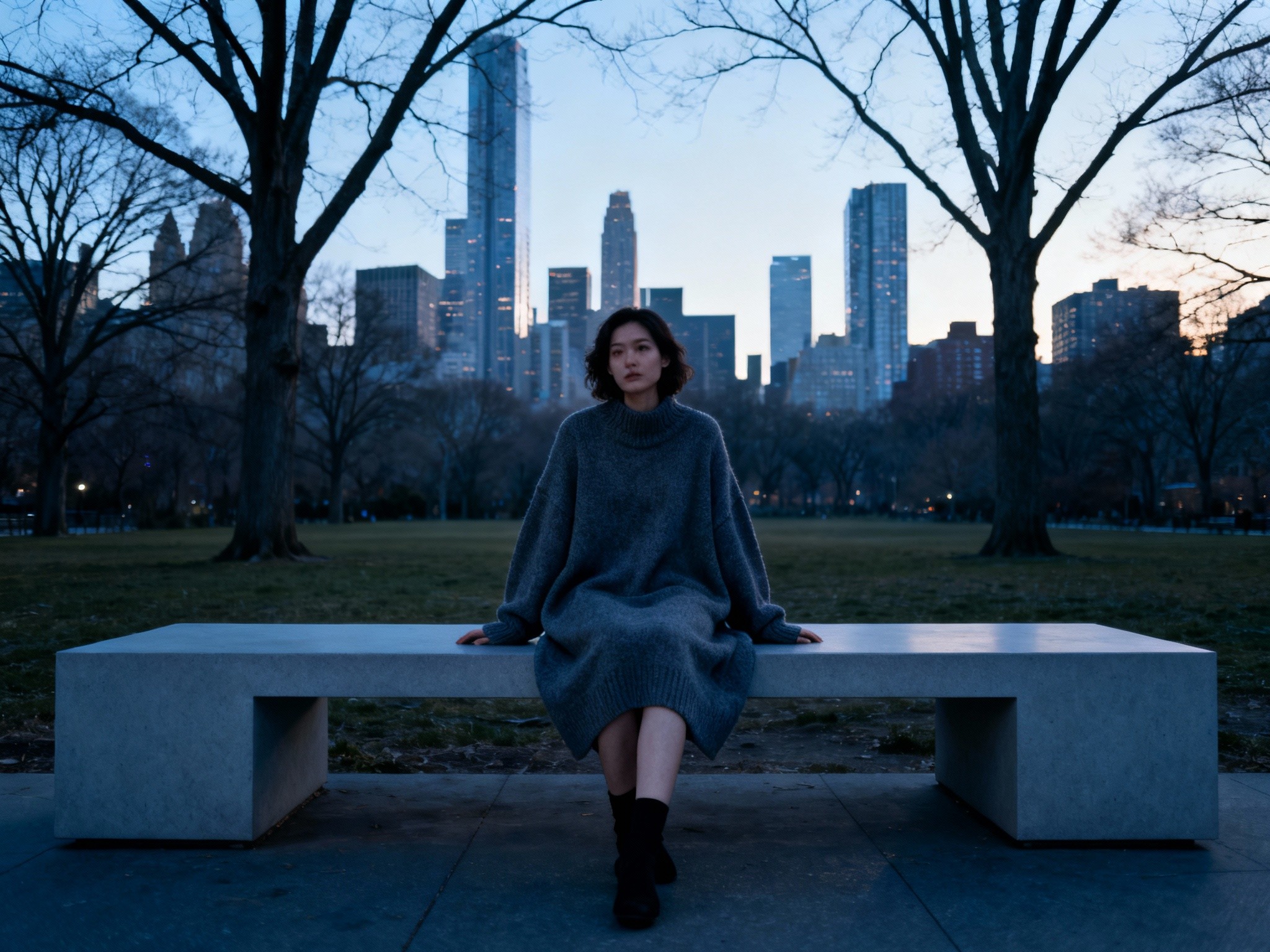 An overhead wide-angle composition of a bustling urban rooftop garden at twilight, featuring a model