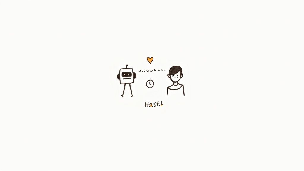 A simple doodle illustrating a robot and a person, with a heart, clock, and 'Host!' written.